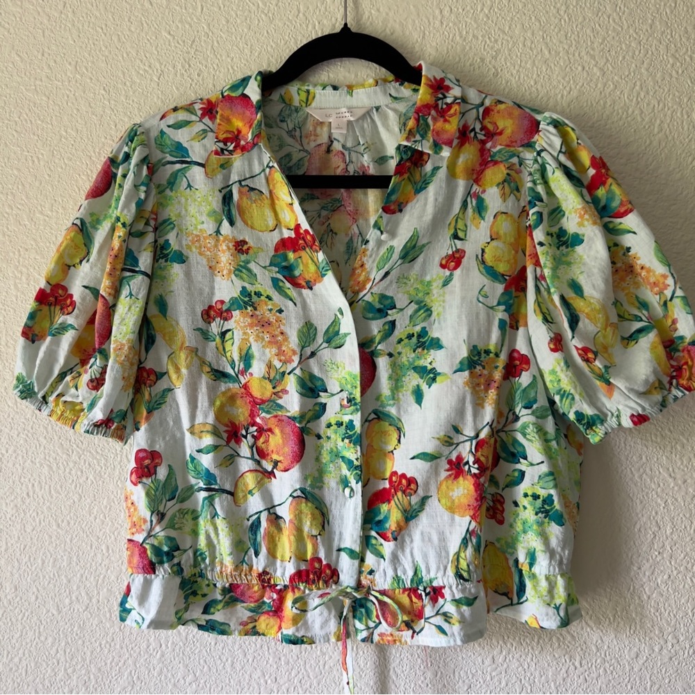 Lauren Conrad fruits crop button front puff sleeves cottage core shirt top Sz L
